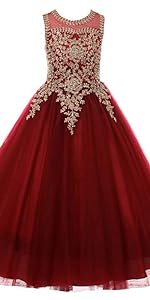 Formal Little Girls Long Pageant Dresses Prom Ball Gown Gold Lace Burgundy Tulle