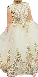 Gold Lace Flower Girls Pageant Dresses Long Puffy Prom Tulle Ball Gown