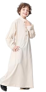 Kids Boys Muslim Robe Long Sleeve Button Down Middle East Arabic Kaftan Thobe