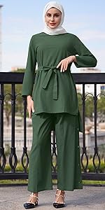 Women''s Muslim 2 Pieces Sets Long Sleeve Round Neck Top Dress and Pants