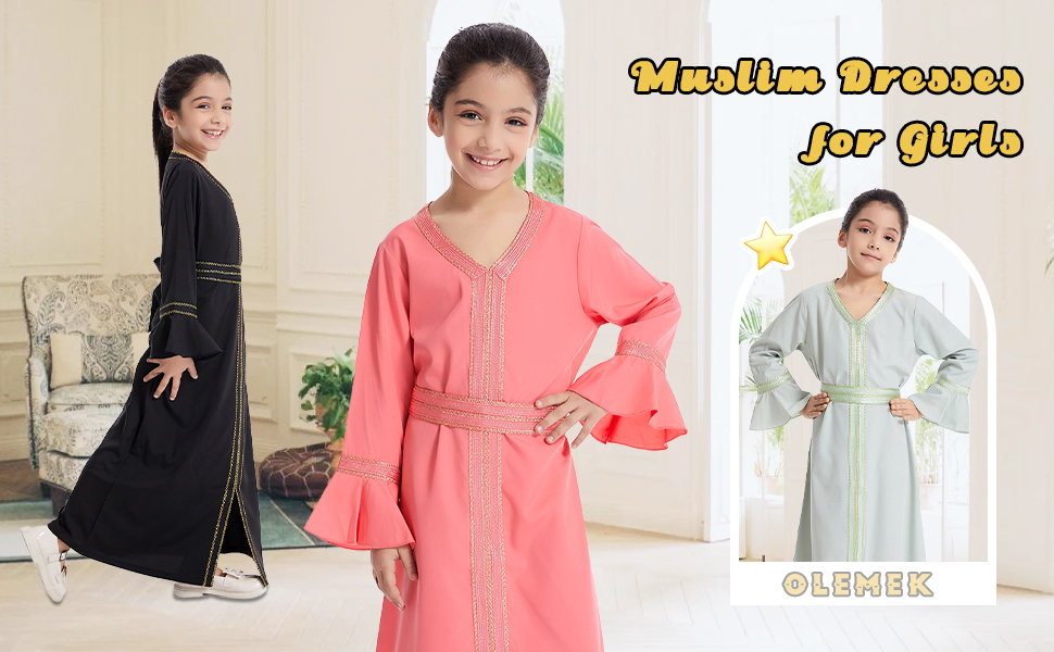 Kids Girls Middle East Muslim Long Bell Sleeve Prayer Dress with Belt Abaya Ramadan Kaftan