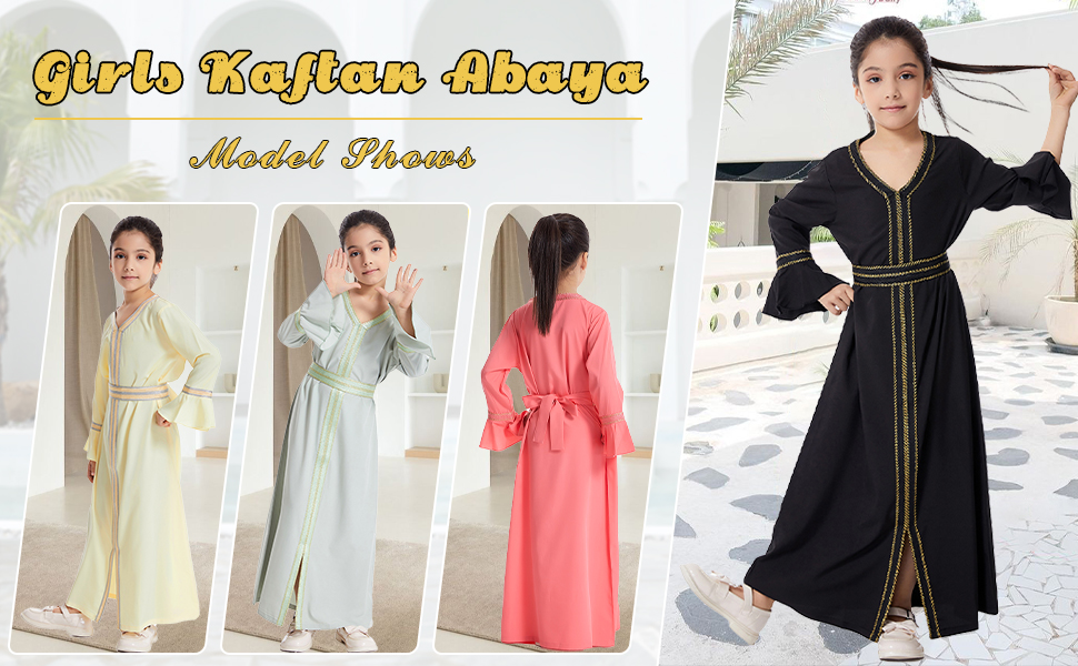 Kids Girls Middle East Muslim Long Bell Sleeve Prayer Dress with Belt Abaya Ramadan Kaftan