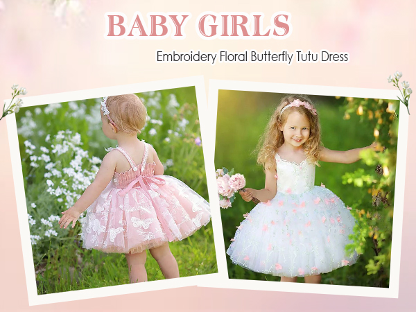 Embroidery Flower Butterfly Tutu Dress for Baby Girls Kids Wedding Birthday Party Communion Gown