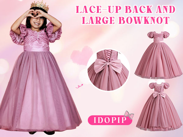 Flower Girl Sequin Lace-up Bow Dress for Kid Wedding Pageant Party Formal Gown Communion Tulle Dress