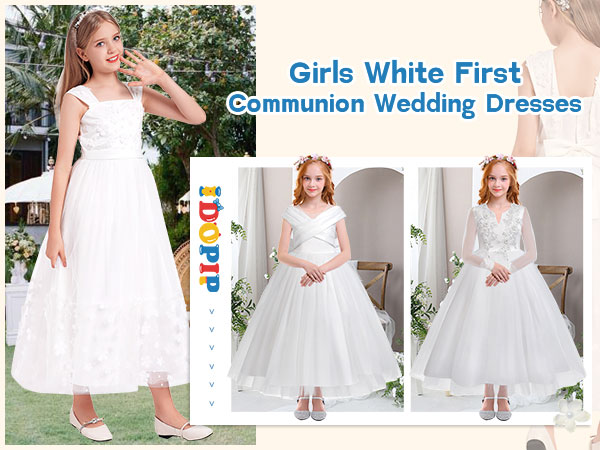 White First Communion Dresses for Girls Lace Flower Wedding Pageant Birthday Party Maxi Gown