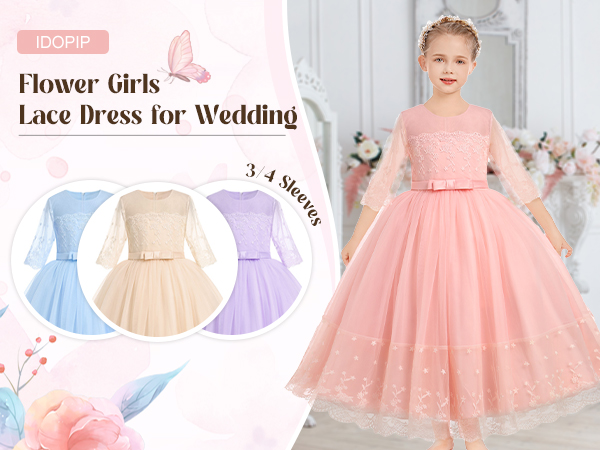 Flower Girl Lace Dress for Kids Wedding Pageant Party Gown Long Princess Communion Tulle Dresses