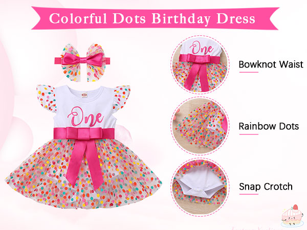 Baby Girls 1st Birthday Outfit Rainbow Polka Dots Romper Princess Party Tutu Dress Cake Smash