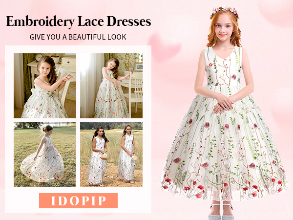 Embroidery Flower Girl Lace Dress for Kids Wedding Pageant Party Communion Dress Princess Maxi Gown