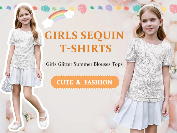 Girls Sequin T-Shirts Short Puff Sleeve Tunic Tops Glitter Summer Blouses 