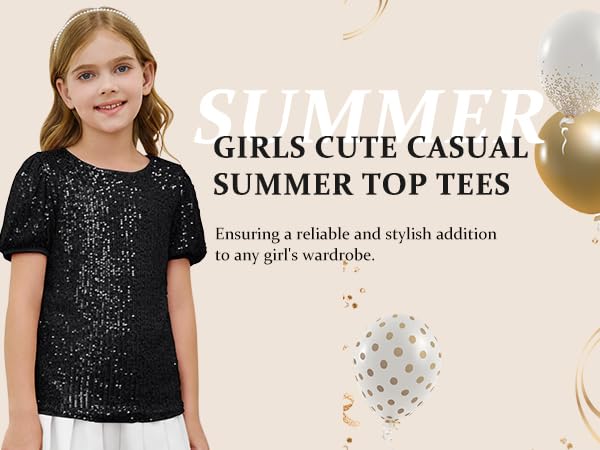 Girls Sequin T-Shirts Short Puff Sleeve Tunic Tops Glitter Summer Blouses