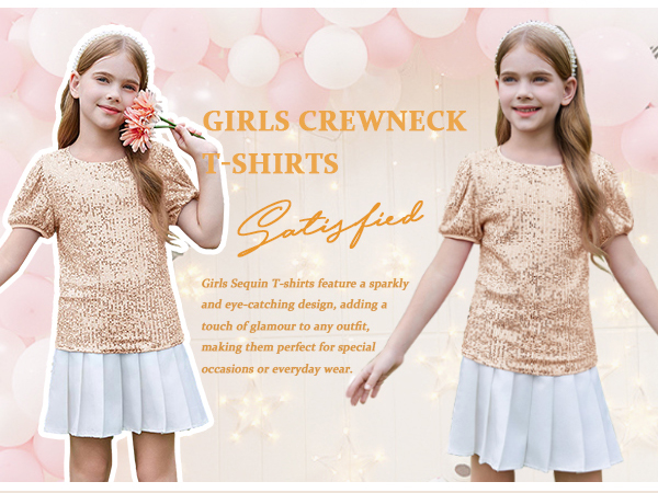 Girls Sequin T-Shirts Short Puff Sleeve Tunic Tops Glitter Summer Blouses 