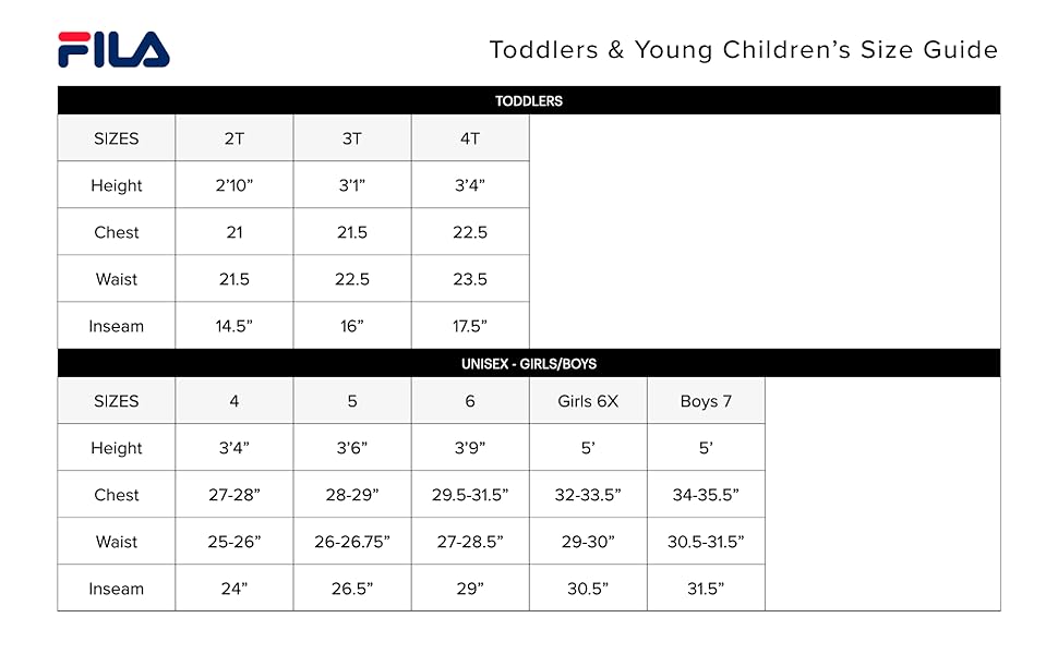 Toddler &Young Children''s Size chart