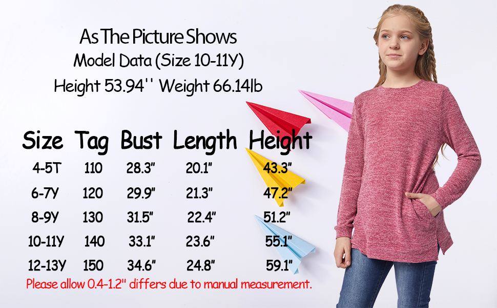 Girls Long Sleeve Shirts Side Split Tunic Tops with Pocket