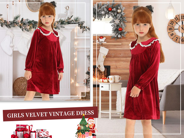 Mud Kingdom Girls Solid  Long Sleeve Velvet Vintage Dress