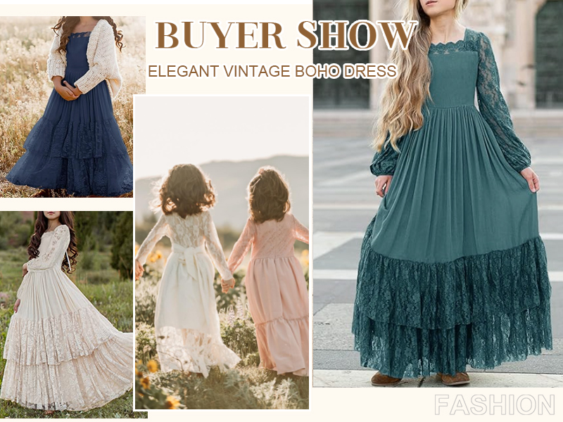 Girls Vintage Boho Lace Dress Long Sleeve Backless Fall Party Maxi Tulle Dresses