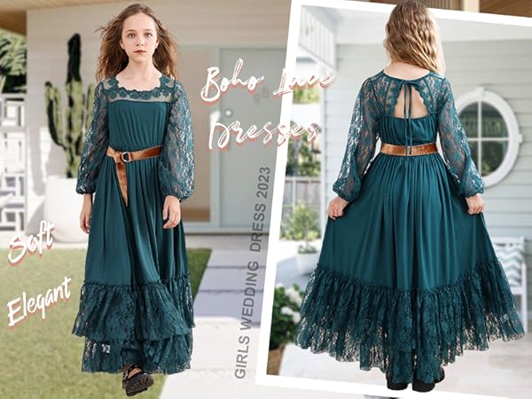 Girls Vintage Boho Lace Dress Long Sleeve Backless Fall Party Maxi Tulle Dresses