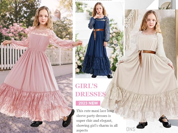 Girls Vintage Boho Lace Dress Long Sleeve Backless Fall Party Maxi Tulle Dresses