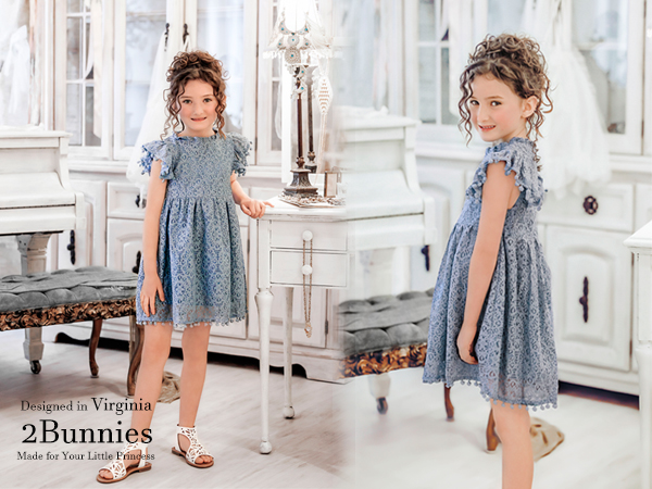 2Bunnies Pom Pom Lace Girl Dress in Dusty Blue