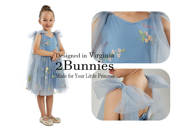 2Bunnies Embroidered Tulle Knee Girl Dress in Dusty Blue