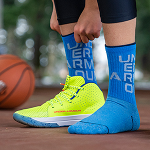 Under Armour Youth Phenom Crew Socks in shoe on court