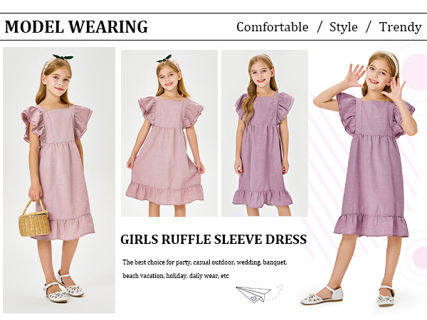 Girls Dress Linen Boho Party Ruffle Sleeve A-Line Floral Hem Loose Fit Summer Outfits