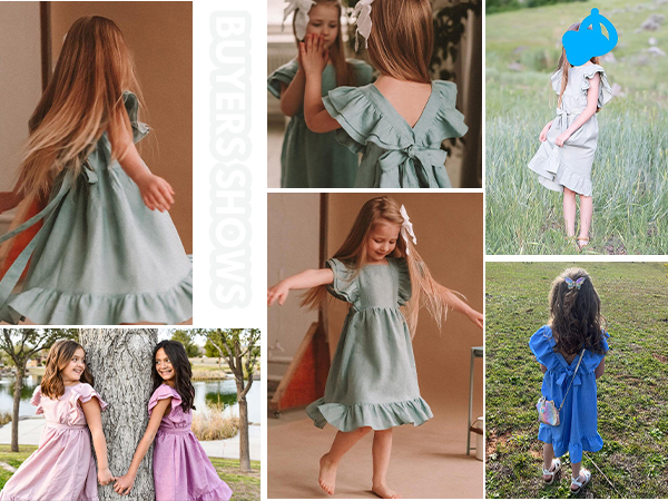 Girls Dress Linen Boho Party Ruffle Sleeve A-Line Floral Hem Loose Fit Summer Outfits