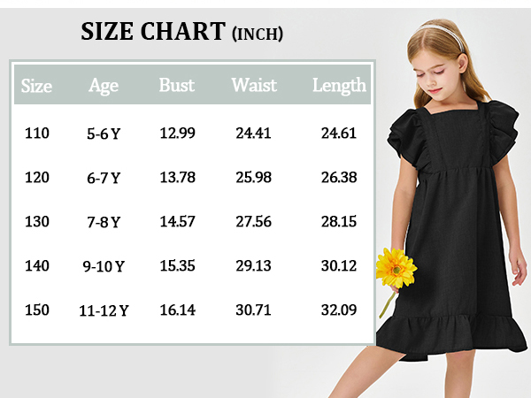 Girls Dress Linen Boho Party Ruffle Sleeve A-Line Floral Hem Loose Fit Summer Outfits