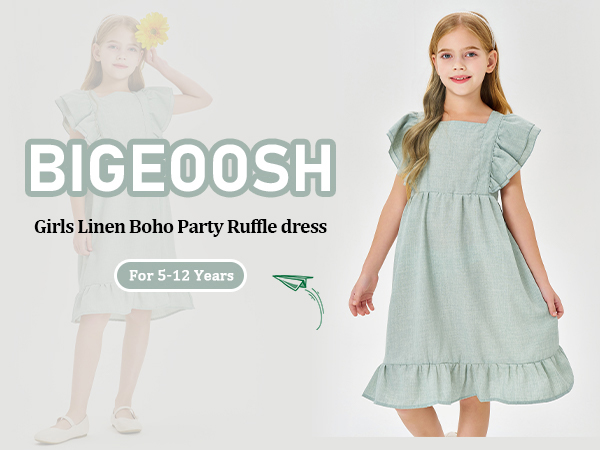 Bigeoosh Girls Ruffle Sleeve A-Line Swing Flared Floral Hem Boat Neck Loose Fit Summer Party Dress