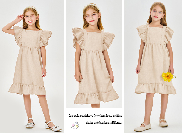 Girls Dress Linen Boho Party Ruffle Sleeve A-Line Floral Hem Loose Fit Summer Outfits