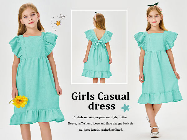 Girls Dress Linen Boho Party Ruffle Sleeve A-Line Floral Hem Loose Fit Summer Outfits