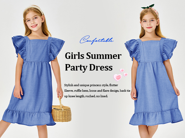 Girls Dress Linen Boho Party Ruffle Sleeve A-Line Floral Hem Loose Fit Summer Outfits 