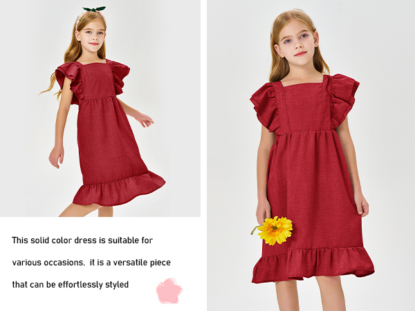 Girls Dress Linen Boho Party Ruffle Sleeve A-Line Floral Hem Loose Fit Summer Outfits