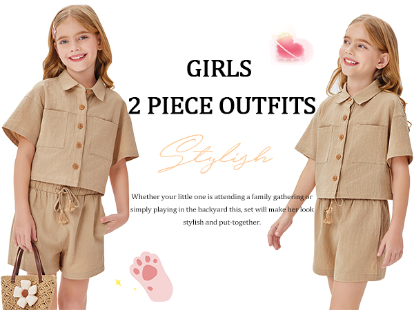 Girls 2 Piece Outfits Short Sleeve Button Down Shirts Short Sets