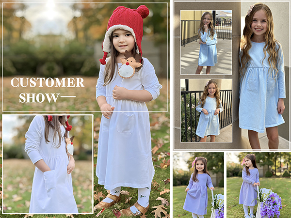 Arshiner Little Girls Dress Long Sleeve Solid Color Casual Skater Pocket Dress