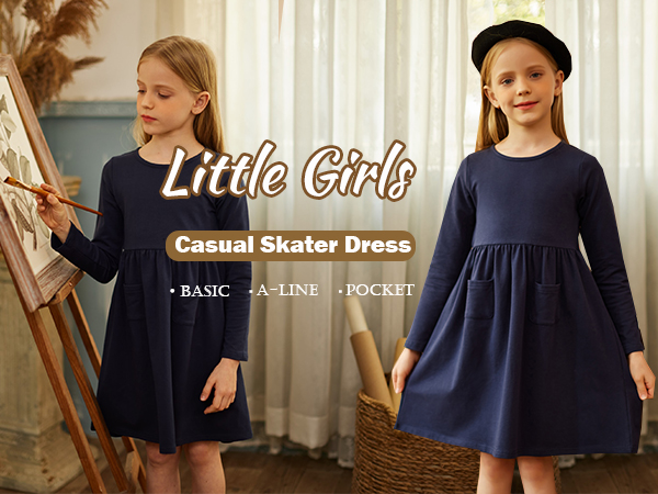 Arshiner Little Girls Dress Long Sleeve Solid Color Casual Skater Pocket Dress