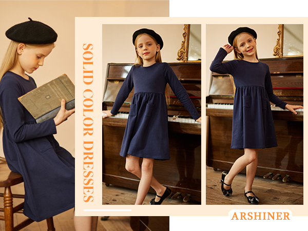 Arshiner Little Girls Dress Long Sleeve Solid Color Casual Skater Pocket Dress