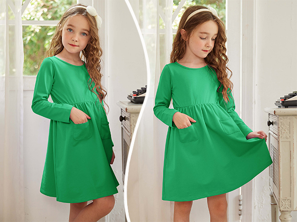 Arshiner Little Girls Dress Long Sleeve Solid Color Casual Skater Pocket Dress