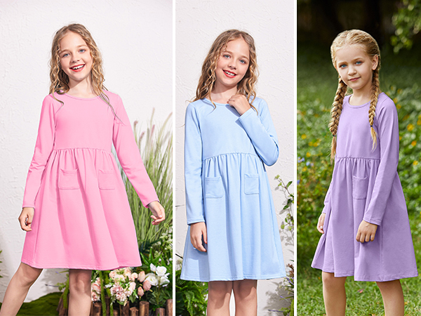 Arshiner Little Girls Dress Long Sleeve Solid Color Casual Skater Pocket Dress