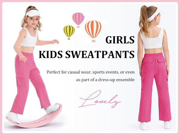 Girls Kids Cargo Sweatpants Wide Straight Leg Jogger Pants 5-14 years