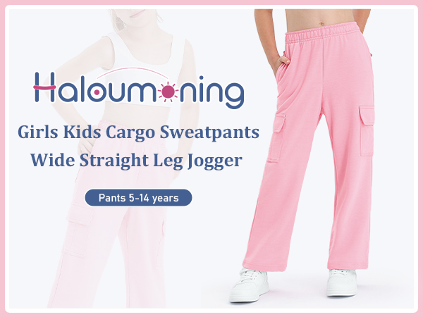 Girls Kids Cargo Sweatpants Wide Straight Leg Jogger Pants 5-14 years