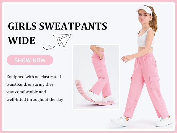 Girls Kids Cargo Sweatpants Wide Straight Leg Jogger Pants 5-14 years