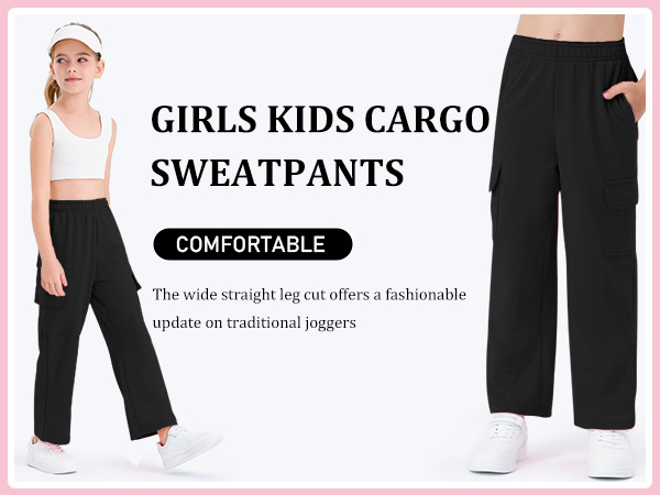 Girls Kids Cargo Sweatpants Wide Straight Leg Jogger Pants 5-14 years