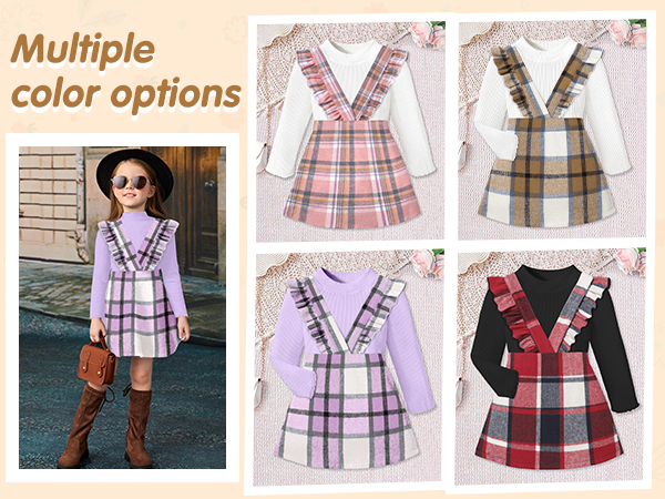  Rib Long Sleeve Top Plaid Suspender Skirt Set