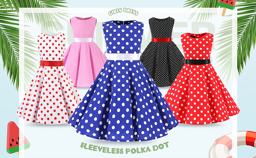 Girls Summer Sleeveless Vintage 1950s Retro Rockabilly Swing Dress