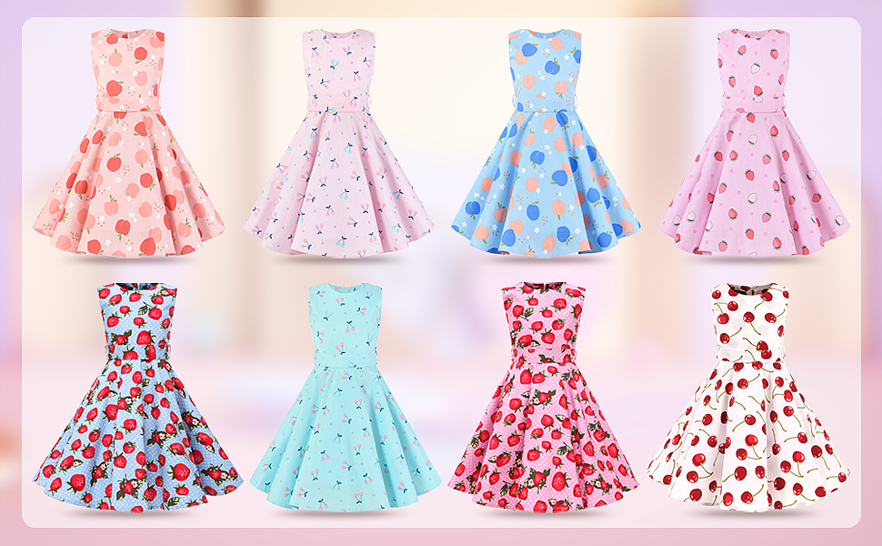 Girls Summer Sleeveless Vintage 1950s Retro Rockabilly Swing Dress