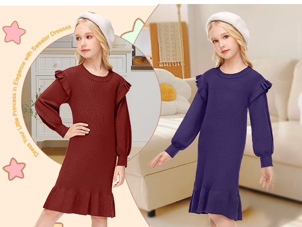  Girls Ruffle Long Sleeve Sweater Dress Fall Crew Neck Midi Dress