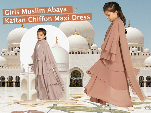 Chiffon layered Open Abaya Dubai Kaftan Muslim Cardigan Abayas Dresses For Girls