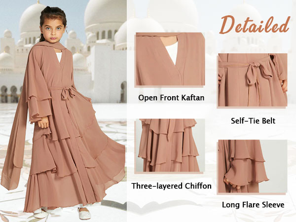 Chiffon layered Open Abaya Dubai Kaftan Muslim Cardigan Abayas Dresses For Girls