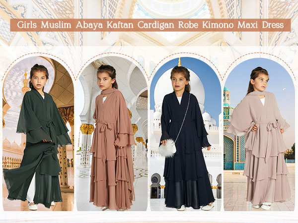 Chiffon layered Open Abaya Dubai Kaftan Muslim Cardigan Abayas Dresses For Girls