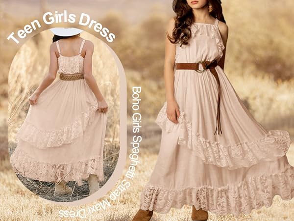 Girls Cream Maxi Dress Apricot Teen girls dress Beige dress for girls 6-12 Boho flower lace dress